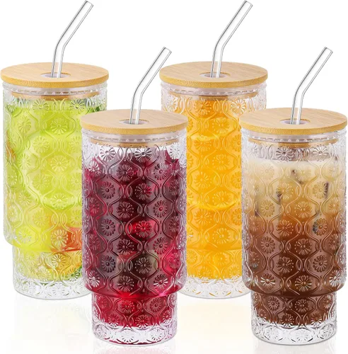 Vista 12 de Vasos de vidrio de 15 onzas con tapas y pajitas, cristalería vintage en relieve para whisky, cóctel, cerveza, taza de café helado con tapa