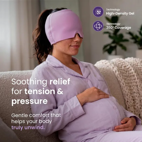 Vista 3 de IWS Aliv Head Gel Máscara de alivio de migraña – Tapa de gel de terapia caliente y fría para dolor de cabeza, presión sinusal y alivio del estrés