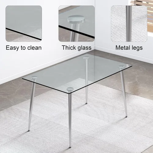 Vista 5 de Mesa de comedor rectangular moderna y minimalista de cristal para 4 y 6 personas con mesa de vidrio templado de 0.31 pulgadas y patas de metal