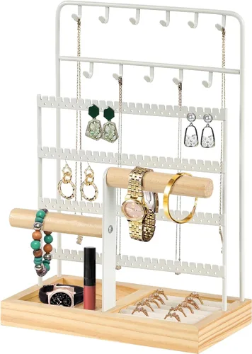 Vista 7 de JAZUIHA Organizador de joyas con organizador de aretes, collar y pulsera, colgador de 3 niveles para exhibición de joyas y almacenamiento de aretes