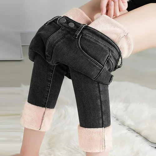 Vista 3 de Pantalones gruesos Haren - Jeans de felpa para mujer, cálidos, sueltos, de cintura alta, rectos, para mujer, pantalones de pijama para mujer