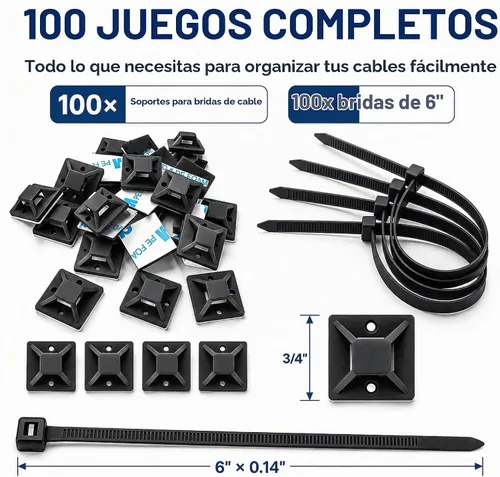 Vista 2 de Kit de soportes de cable con pegamento trasero autoadhesivo fuerte - 100 piezas de clips de gestión de cables con bridas de 6 pulgadas, soportes