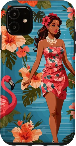 Vista 8 de iPhone 12 Pro Max Vintage Tiki Design - Funda hawaiana retro de flores hula y flamencos