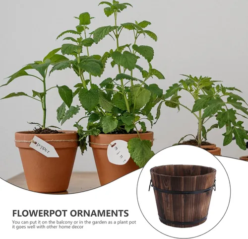 Vista 8 de Yardwe Cubos de barril de madera para whisky con asa, maceta de flores, macetas, cajas para cafetería, jardín, plantas hidropónicas