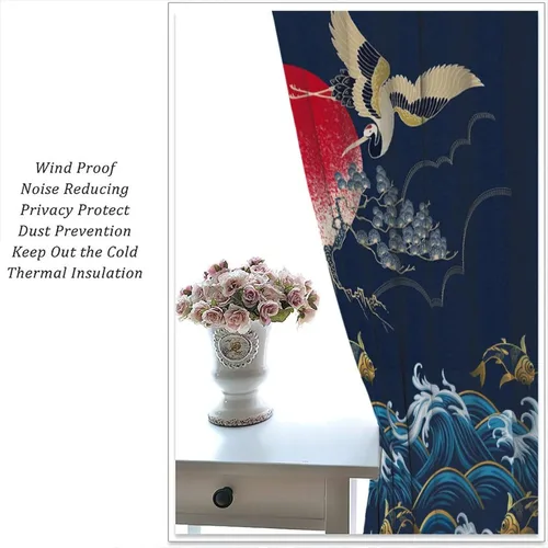 Vista 5 de Cortinas de estilo japonés, grúas onduladas, luna llena dorada, cortinas opacas para sala de estar, dormitorio, puerta Noren, azul marino, peces