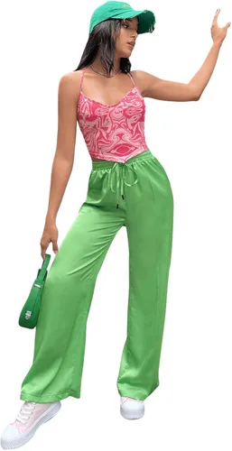 Vista 6 de SweatyRocks Pantalones de satén de pierna ancha para mujer con cintura elástica y bolsillo