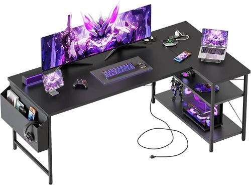 Vista 23 de Mericonia Escritorio pequeño en forma de L para computadora con tomas de corriente, escritorio de juegos para espacios pequeños, escritorio