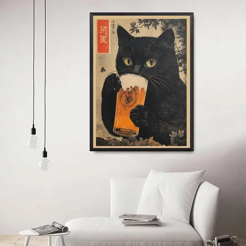 Vista 5 de SENLYCH Póster de pintura en lienzo e impresión vintage de gato negro con cerveza, impresión de arte japonés, gato negro bebiendo cerveza, póster