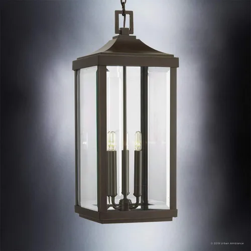 Vista 3 de Urban Ambiance Lámpara colgante colonial de lujo para exteriores, tamaño grande: 23-3/4" x 9-1/2", con elementos estilo granja, acabado de bronce