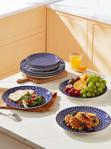 Vista 3 de Metahom Platos de cerámica de 10 pulgadas, juego de platos de porcelana azul y blanca, platos para servir pasta, panqueques, carne, ensalada, juego