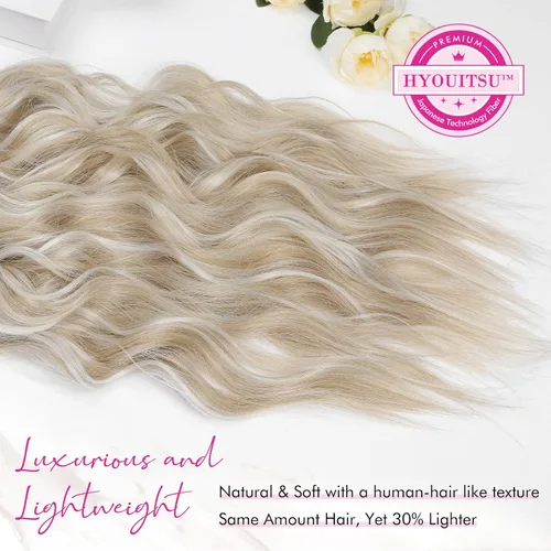 Vista 2 de REECHO Extensiones de cabello con pinza, 4 piezas de extensiones de cabello rubio de 24" de largo, ondas de playa gruesas, HE003, trama de encaje