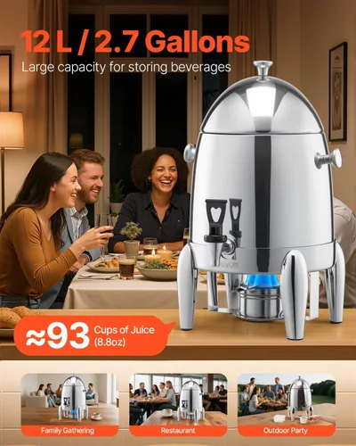 Vista 2 de VEVOR Dispensador de bebidas de acero inoxidable, dispensador de bebidas de 2.7 galones con quemador de alcohol, dispensadores de bebidas calientes