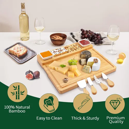 Vista 2 de Juego de tablas de embutidos y cuchillos - Tabla de queso de bambú - Bandeja de queso, carne y vino - Regalos únicos para inauguración de casa