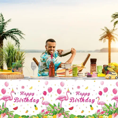 Vista 6 de Mantel rectangular de plástico tropical con diseño de flamenco rosa para decoración de fiesta de cumpleaños, picnic de verano, playa, 3 piezas, 54 x