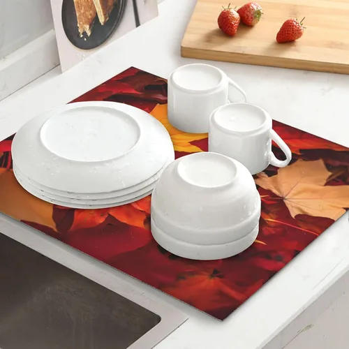 Vista 5 de Tapete de secado de platos de hojas de otoño para encimeras de 18 x 16 pulgadas, almohadilla protectora para escurridor de platos con lazo