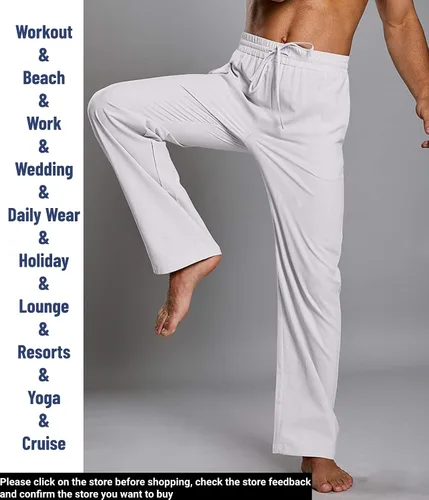 Vista 3 de Enjoybuy Pantalones de lino con cordón para hombre, para playa, golf, cintura elástica, primavera, largos, casuales, sueltos, para yoga, verano