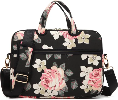 Vista 3 de Kayond - Bolsa de hombro impermeable para laptop con patrón de rosas negras resistente al agua, funda para laptop de 12 y 13 pulgadas Negro Rosado