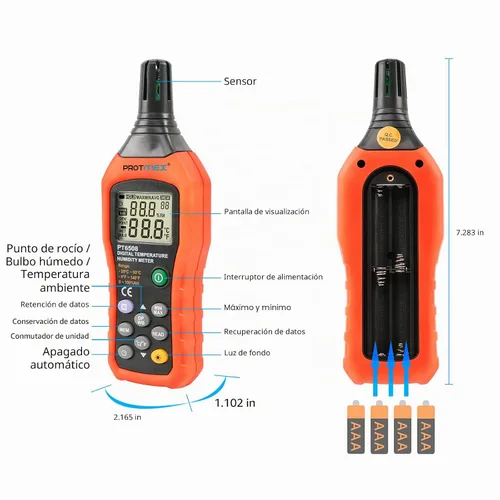 Vista 2 de Protmex Medidor digital de humedad de temperatura, termómetro higrómetro con punto de rocío ambiental y temperatura de bombilla húmeda