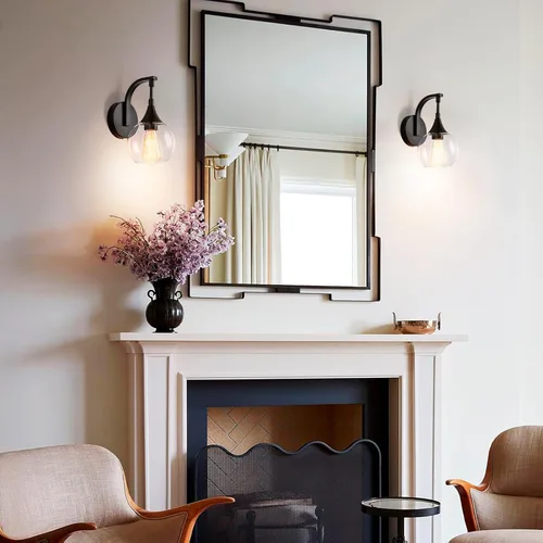 Vista 6 de Juego de dos apliques de pared negros, lámpara de pared moderna con pantalla de vidrio transparente, accesorios de iluminación de tocador de baño