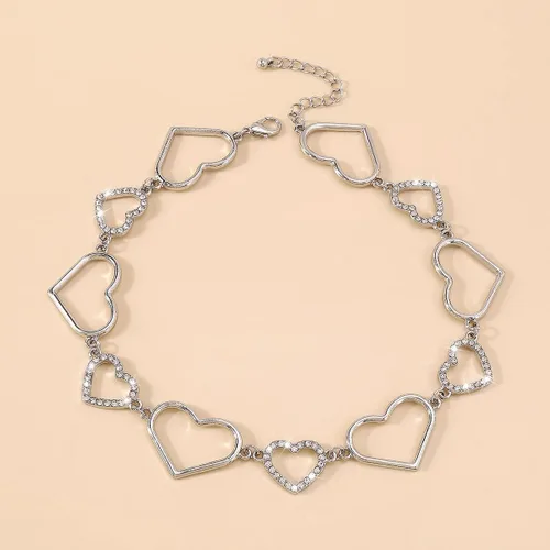 Vista 4 de Jumwrit Gargantilla de corazón de diamantes de imitación, lindo collar de corazón entrelazado, collar de cadena de corazón de amor brillante