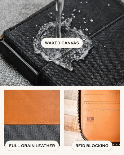 Vista 4 de LOCTOTE Soporte para pasaporte RFID Cuero de grano completo y lona de cera impermeable Cartera de pasaporte de viaje Cartera de cuero