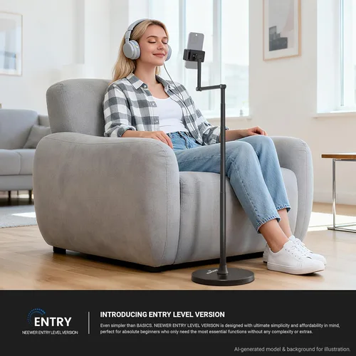 Vista 2 de NEEWER Soporte de piso para teléfono, versión de nivel de entrada, ajustable para mesa de oficina, mesita de noche, soporte para teléfono celular