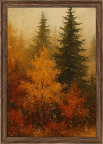 Vista 336 de MUDECOR Lienzo enmarcado prémium para pared, pinos nevados en bosque de invierno, ilustraciones modernas, arte contemporáneo, escénico, divertido