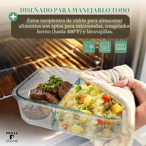 Vista 4 de Moss and Stone - Recipientes rectangulares de vidrio borosilicato para alimentos preparados, herméticos, tapas de cierre a presión, aptos