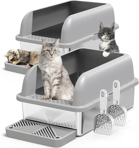 Vista 11 de Caja de arena de acero inoxidable para gatos con tapa cerrada, caja de arena extra grande para gatos grandes, bandeja de arena de metal XL