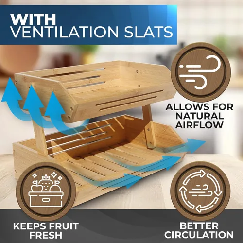 Vista 7 de Cesta de frutas de bambú de 2 niveles para encimera de cocina con ganchos para colgar plátanos, soporte de fruta de madera para encimera de cocina