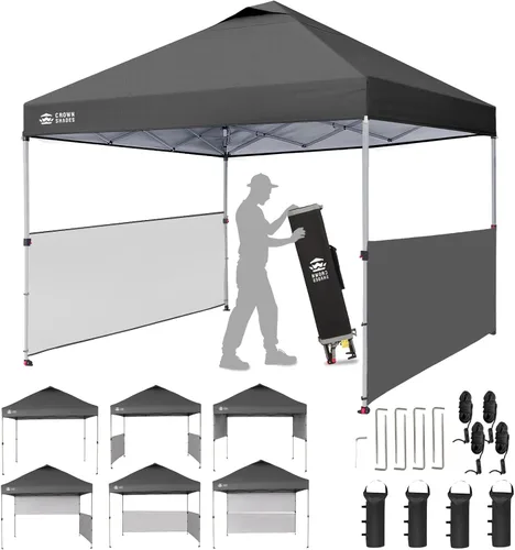 Vista 13 de CROWN SHADES Tienda de campaña con dosel, refugio portátil de 10 x 10 pies para exteriores con 2 medias paredes laterales, 1 cerradura central