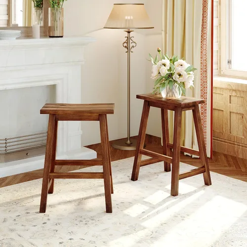Vista 8 de Polibi Juego de isla de cocina de 3 piezas con 2 taburetes y 2 estantes, juego de mesa de comedor de madera de goma rústica con estantes abiertos