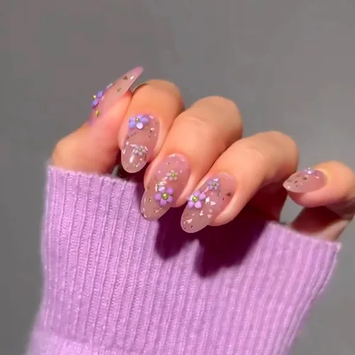 Vista 16 de Uñas postizas largas a presión de almendra, uñas postizas Aurora con punta francesa, 24 unidades, naturales, brillantes, cobertura completa