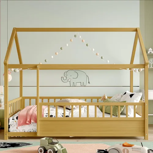 Vista 20 de Harper & Bright Designs Marco de cama de piso de casa de tamaño individual con barandillas de techo y valla, cama Montessori de madera maciza, fácil