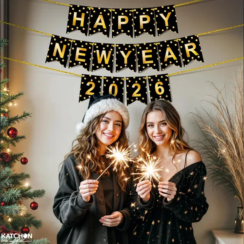 Vista 4 de KatchOn, Banner de Feliz Año Nuevo 2026 - Sin bricolaje, 10 pies Telón de fondo de Feliz Año Nuevo para suministros de fiesta de Nochevieja