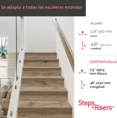 Vista 3 de Lucida Surfaces Combo de peldaños y contrahuellas de vinilo de lujo Cubierta de peldaños para escaleras con aspecto de madera y contrahuellas
