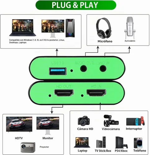 Vista 2 de USB 3.0 HDMI Video Capture Card for Switch 2 PS5 Xbox DSLR 1080P Streaming Plug & Play, No Driver, 4K@30Hz Passthrough, Mic Input, Audio Monitoring
