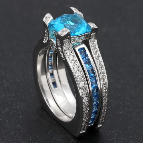 Vista 5 de UFOORO Juego de anillos de boda de cristal azul cielo para mujer, chapado en platino