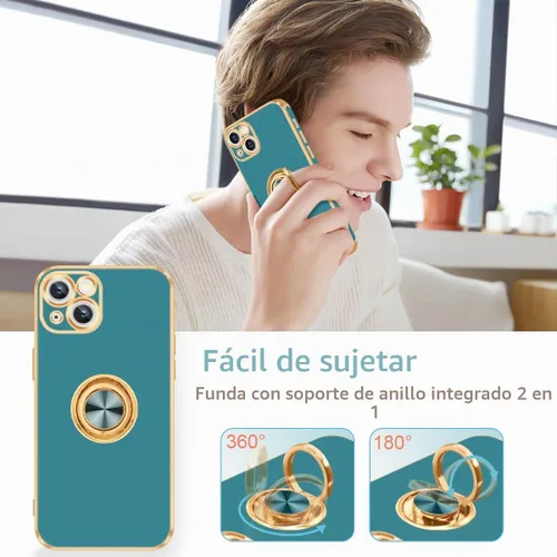 Vista 5 de Fingic Funda para iPhone 13, soporte de anillo giratorio de 360°, soporte Gris azulado