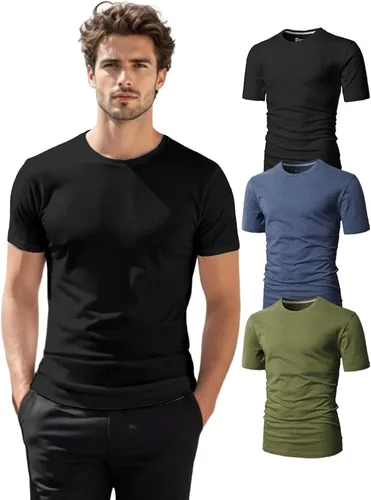 Vista 9 de H2H Camisetas para hombre - Pack de varias unidades, diseño simple, manga corta, ajuste delgado, mezcla de algodón (cuello en V/cuello redondo)