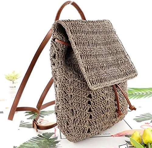 Vista 2 de Mochila tejida hecha a mano de paja mediana para mujer, con solapa, con cordón, bolsa de playa, Gris, Mochilas Daypack