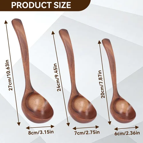 Vista 3 de Cucharón de madera para sopa, cuchara de madera de 10.63 pulgadas para cocinar, cuchara de servir de madera de mango largo, cuchara de madera