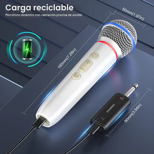 Vista 5 de Aokeo Micrófono inalámbrico con receptor recargable, micrófono de karaoke de mano dinámico UHF, rango de 100 pies, para altavoz amplificador