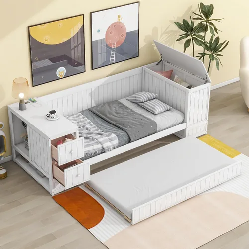 Vista 10 de SOFTSEA Sofá cama de tamaño individual con nido, cajones y puertos USB, sofá cama de madera maciza con estantería de almacenamiento, multifuncional