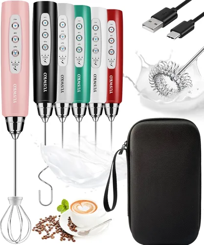 Vista 45 de YUSWKO Baby Blue - Varita espumadora de leche de mano para café, batidor eléctrico recargable con 3 cabezales, 3 velocidades, mezclador de bebidas
