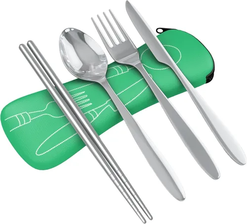 Vista 14 de Set de 4 unidades (cuchillo, tenedor, cuchara, palillos) para Viajes/Camping –Cubertería de acero inoxidable con funda de neopreno