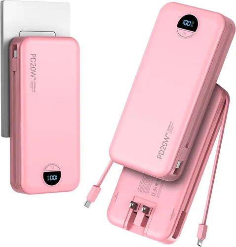 Vista 13 de Banco de poder aonidi de 12000mAh ultraportátil con cables y enchufe de pared AC incorporados, paquete de batería para teléfono celular con carga