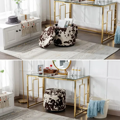 Vista 3 de HEAH-YO Juego de 1 taburete de tocador moderno, taburete otomano giratorio con función Storgae, reposapiés tapizado de tela de lino para dormitorio