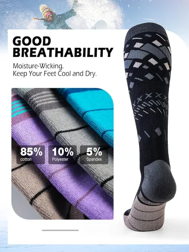 Vista 2 de OutdoorMaster Calcetines de esquí unisex, calcetines de esquí y snowboard para hombres y mujeres con diseño sobre la pantorrillapuño antideslizante