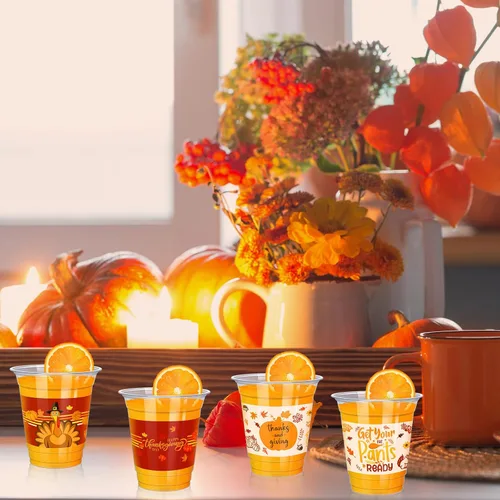 Vista 6 de Uiifan 60 Piezas Vasos Desechables de Acción de Gracias de 12 onzas Vasos de Plástico a Granel Vasos Transparentes de Pavo Calabaza de Otoño Vasos